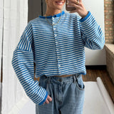 Women's Striped Button Front Cardigan Stand Collar