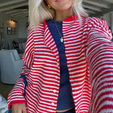 Women's Striped Button Front Cardigan Stand Collar