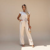 Flutter Sleeve Wide Leg Jumpsuit with Waist Tie