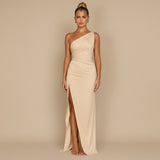 One Shoulder Evening Gown with Draped Fit and High Slit