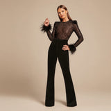 Long Sleeve Lace Jumpsuit with Feather Cuff Detail