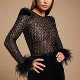 Long Sleeve Lace Jumpsuit with Feather Cuff Detail