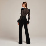 Long Sleeve Lace Jumpsuit with Feather Cuff Detail
