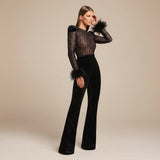 Long Sleeve Lace Jumpsuit with Feather Cuff Detail