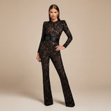 Long Sleeve Lace Sequin Jumpsuit with Structured Waist