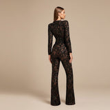 Long Sleeve Lace Sequin Jumpsuit with Structured Waist