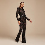Long Sleeve Lace Sequin Jumpsuit with Structured Waist
