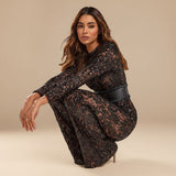 Long Sleeve Lace Sequin Jumpsuit with Structured Waist