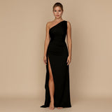 One Shoulder Evening Gown with Draped Fit and High Slit