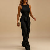 Sleeveless Sequin Wide Leg Jumpsuit with Waist Tie
