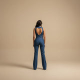 Deep V Neck Denim Jumpsuit with Flared Leg