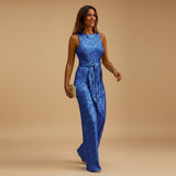 Sleeveless Sequin Wide Leg Jumpsuit with Waist Tie