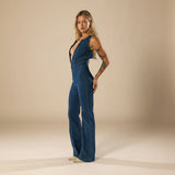 Deep V Neck Denim Jumpsuit with Flared Leg