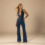 Deep V Neck Denim Jumpsuit with Flared Leg