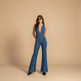 Deep V Neck Denim Jumpsuit with Flared Leg