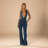 Deep V Neck Denim Jumpsuit with Flared Leg