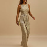 Sleeveless Sequin Wide Leg Jumpsuit with Waist Tie