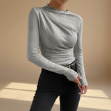 Asymmetrical Ruched Long Sleeve Fitted Top
