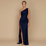 One Shoulder Evening Gown with Draped Fit and High Slit