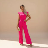 Flutter Sleeve Wide Leg Jumpsuit with Waist Tie