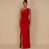 One Shoulder Evening Gown with Draped Fit and High Slit