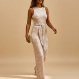 Sleeveless Sequin Wide Leg Jumpsuit with Waist Tie