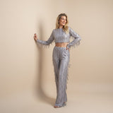 Sequin Crop Top and Wide Leg Pants Evening Set