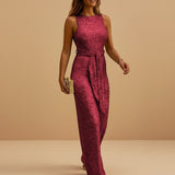 Sleeveless Sequin Wide Leg Jumpsuit with Waist Tie