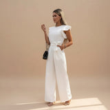 Flutter Sleeve Wide Leg Jumpsuit with Waist Tie
