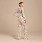 Long Sleeve Lace Sequin Jumpsuit with Structured Waist