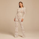 Long Sleeve Lace Sequin Jumpsuit with Structured Waist
