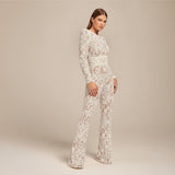 Long Sleeve Lace Sequin Jumpsuit with Structured Waist